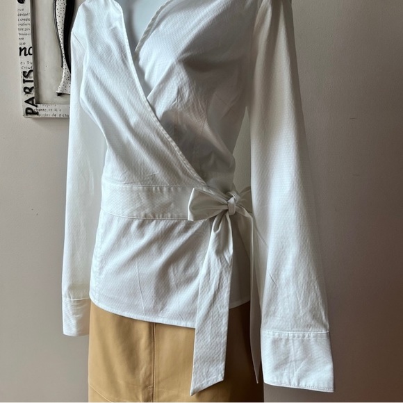 Ann Taylor LOFT White Cotton Long Sleeve Wrap Blouse Size 12 - Picture 4 of 7